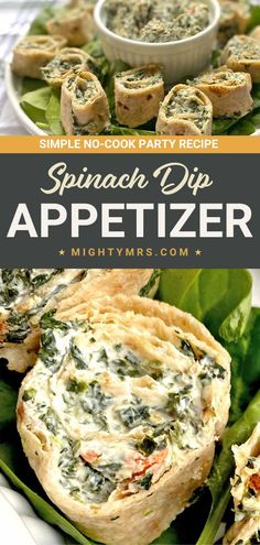 spinach dip appetizer on a plate with spinach leaves and other appetizers