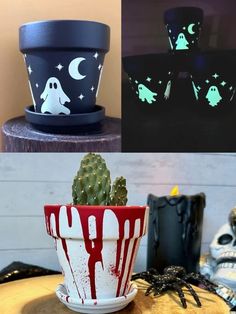 three different halloween decorations are shown in this collage, including a cacti pot and candles