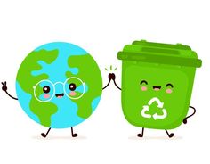 two green trash cans holding hands and smiling