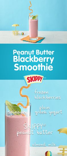 the advertisement for peanut butter and blackberry smoothie is shown in three different colors, including pink