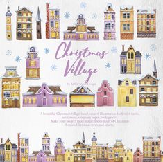 a watercolor christmas village is featured in the book