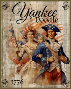 a painting of two people holding flags with the words yankee doodle written below them