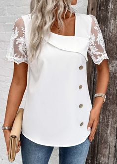 Color:White;Size:S;Size:M;Size:L;Size:XL;Size:XXL;Package Contents:1 X Blouse;Occasion:Other;Style:Casual; Elegant Patchwork Summer Tops, Elegant Summer Patchwork Tops, Elegant Fitted Tops With Patchwork, Elegant Fitted Patchwork Tops, Short Sleeve Patchwork Tops For Party, Patchwork Short Sleeve Tops For Party, Elegant Fitted Blouse With Patchwork, White Short Sleeve Blouse With Patchwork, Party Patchwork Short Sleeve Tops