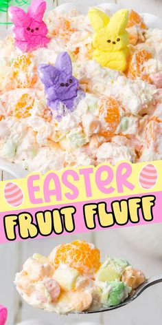 an easter fruit fluff salad on a spoon with the title overlay above it