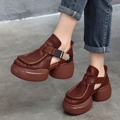 Genuine Leather Platform Sandals Side Button Retro Block Heel in Brown/Black Platform Shoes Sandals, Platform Shoes Heels, Oxford Boots, Mid Heel Shoes, Sandals Platform, Closed Toe Sandals, Buckle Ankle Boots, Leisure Fashion, Leather Platform Sandals