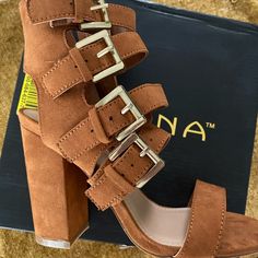 Beautiful And Elegant Tan Color, Never Worn. Summer High Heel Boots With Buckle Closure, Chic Summer Boots With Buckle Closure, Trendy Suede Heels With Buckle Closure, Trendy Ankle-high Fall Sandals, Trendy Ankle-high Sandals For Fall, Trendy Ankle-high Heels With Buckle Closure, Suede Ankle-high Heels With Buckle Closure, Trendy Open Toe Boots With Buckle Closure, Boot Brands