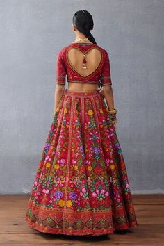 Red attached cancan lehenga with floral print and side pompom tasseles. Paired with a floral print blouse with a heart cutout tasseled back and cutwork embroidered tasseled dupatta. - Aza Fashions Red Floral Embroidered Sets For Navratri, Red Sets With Floral Embroidery For Navratri, Red Anarkali Lehenga With Floral Embroidery, Red Floral Embroidered Sharara For Festivals, Red Floral Embroidery Sharara For Festivals, Red Floor-length Lehenga With Floral Embroidery, Red Floral Embroidered Floor-length Lehenga, Red Floral Embroidered Lehenga For Navratri, Red Floral Embroidered Lehenga For Diwali