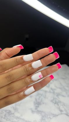 Different Color Bottom Nails, Short And Cute Nail Ideas, White Nails Pink Bottoms, Bottom Nails Color, Short Nails Set Ideas, White Nails With Pink Bottoms, Color Under Nails, Full Colored Nails, Nails Painted Underneath