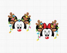 two reindeers with christmas lights on their ears and noses, one is wearing a red bow