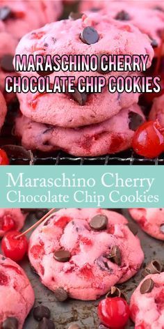 maraschino cherry chocolate chip cookies on a baking sheet with text overlay reading maraschino cherry chocolate chip cookies