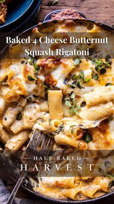 baked and cheese butternut squash rigatoni in a skillet