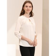 A comfy solid-color shirt is updated with perfectly pleated 3/4 sleeves for understated charm. Made of soft Chiffon fabric, this button-closure blouse with keyhole back detailing is designed for easy-to-wear, and ensures you stay comfy all day long. Styled with a simple round neck with a keyhole along with delicate pleated details on the 3/4 sleeves, it brings elegant impact to your basic wardrobe. Elegant Solid Color Top With 3/4 Sleeves, Elegant Office Tops With 3/4 Sleeves, Elegant Half Sleeve Tops For Workwear, Feminine Blouse With 3/4 Sleeve For Workwear, Feminine Workwear Blouse With 3/4 Sleeves, Chic 3/4 Sleeve Blouse For Work, Elegant 3/4 Sleeve Workwear Blouse, Elegant 3/4 Sleeve Blouse For Work, Three Quarter Sleeve Blouses