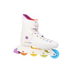 white roller skates with colorful wheels and rainbow spokes on the bottom, isolated against a white background