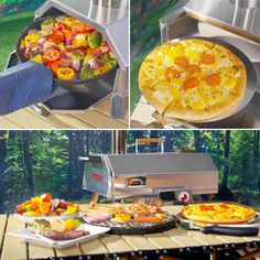 four different views of pizzas being cooked on an outdoor grill