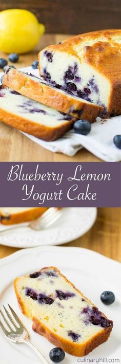 blueberry lemon yogurt cake on a white plate