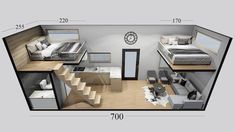 the floor plan for a tiny house with two beds, stairs and a living area