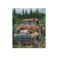 an old truck with flowers on the hood parked in a field full of wildflowers