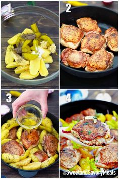 the steps to make chicken and potatoes in a skillet with text overlay that says,