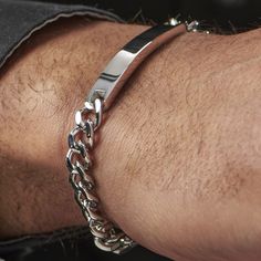 * Stainless steel won’t tarnish
 * Closes with a strong clasp Link Design, Id Bracelets, Steel Bracelet, Gifts For Father, Arm Band, Your Name, Chain Link, Mens Bracelet, Fathers Day Gifts