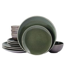 a stack of green and grey dishes