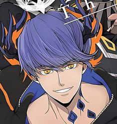 an anime character with blue hair and orange eyes looking at the camera, surrounded by other characters