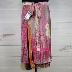 Nwt Darn Good Yarn Brand Recycled Sari Silk Wrap Skirt. Reclaimed Material From Used Saris. Tea Length (Approx. 34 In. Long). Dgy Size Goddess (Us Size 14-32). Reclaimed Material Means Flaws (Stains, Holes, Ink Errors, Thread Pulls, Etc.) Are Common And Expected! I List What I See, But May Miss Some. White Maker's Mark At Edge, Several Areas Of Pinholes, Large Stain, Small Area Of Damage + Repair, Tiny Hole On Overskirt. Several Thread Pulls, Thread Separations, Several Small Stains On Underskir Bohemian Skirted Bottoms In Pink, Bohemian Pink Skirted Bottoms, Pink Asymmetrical Wrap Skirt For Summer, Casual Fitted Pink Wrap Skirt, Bohemian Pink Midi Skirt, Pink Asymmetrical Skirt For Spring, Bohemian Pink Skirt Bottoms, Bohemian Pink Wrap Skirt For Summer, Pink Asymmetrical Skirt For Summer