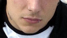 a man with piercings on his nose looking at the camera