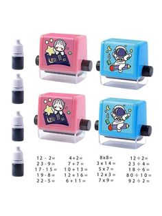 four different colored rubber stamps with cartoon characters on them and numbers for each stamper