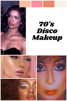 Disco Ideas Costume, 70s Mini Dress Disco, 70s Makeup Disco Glitter, Disco Aesthetic 70s Makeup, Disco Era Hair And Makeup, Disco Women Hair, 70s Earrings Disco, Disco Glam Accessories, Mid 70s Fashion