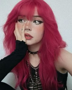 Red Alt Hair Short, Shag Hairstyles Dyed, Vibrant Short Hair, 2023 Alt Hair, Alternative Pink Hair, Alternative Hair Dye Ideas, Wolf Cut Dyed Hair, Hot Pink Hair Aesthetic, Pink Grunge Makeup