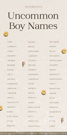 the uncommon boy names poster with smiley faces