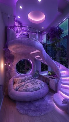 a bedroom with a spiral bed and purple lighting