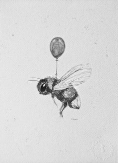 a black and white photo of a bee flying with a balloon