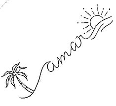 the word summer written in cursive handwriting with a palm tree and sun above it