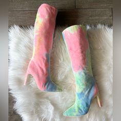 Jeffrey Campbell ‘Anaise’ Neon Tie Dye Knee High Boots Size- 6 Color- Neon Multi Material- Cloth Tie Dye Fabric New With Out Box 3.75” Heel Height 15.5” Shaft 15” Calf Circumference True To Size Comes From Smoke Free Home Same Day/Next Day Shipping Pink Fitted Ankle-high Heeled Boots, Summer Heeled Boots With Round Toe, Pink High Ankle Heeled Boots For Spring, Pink Fitted Heeled Boots With Round Toe, Pink High Heel Boots For Spring, Pink High Heeled Boots For Spring, Casual Pink Heels Medium Width, Casual Pink Medium Width Heels, Spring Pink Heeled Boots With Pointed Toe