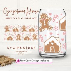 a glass jar with gingerbread house stickers on it