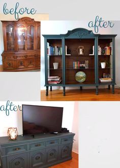 before and after photos of an old entertainment center makeover, including the paint job