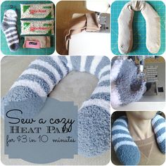 several images of socks, mitts and sewing supplies with text overlay that says sew a cozy heat pad for $ 3 in 10 minutes