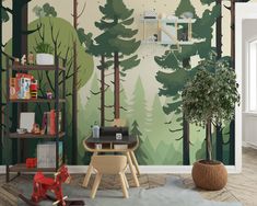 a child's room with a wall mural depicting trees and a rocking horse in the foreground