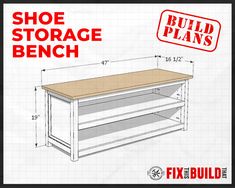 the shoe storage bench is shown with measurements