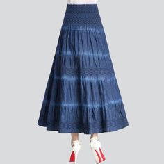 Take your urbane style to the next level with this 2023 Spring-Summer Collection Tiered Flare Denim Skirt! Crafted with premium-quality denim. this high-waisted. shape and flare skirt is patterned to hug your shape while offering maximum comfort. Featuring a unique damaged pattern. drawstrings closure and a stylish painted finish. this piece is perfect for the urban trendsetters looking to make a statement.Why You'll Love It Grunge-Inspired: Take a walk on the wild side with this rebellious-insp Denim Blue Flare Skirt For Spring, Spring Flare Denim Blue Skirt, Spring Denim Blue Flare Skirt, Trendy Flare Skirt For Spring, Spring Flared Cotton Skirt, Casual Flared Dark Wash Denim Skirt, Casual Dark Wash Flared Denim Skirt, Flared Denim Skirt For Summer, Blue Flared Denim Skirt