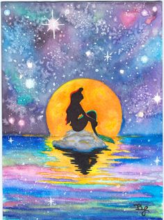 a painting of a mermaid sitting on top of a rock in the ocean under a full moon