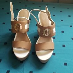 Never Worn Tommy Hilfiger Size 10 Wedge Sandals. Color White And Light Brown. 1" Heels 4" Platform. Tommy Hilfiger Wedge Heel Sandals For Beach, Tommy Hilfiger Beach Sandals With Wedge Heel, Tommy Hilfiger Round Toe Wedge Sandals For Beach, Tommy Hilfiger Wedge Sandals For Beach In Summer, Tommy Hilfiger Open Toe Wedge Sandals For Beach, Tommy Hilfiger Summer Beach Wedge Sandals, Casual White Tommy Hilfiger Sandals, Casual Open Toe Heels By Tommy Hilfiger, Casual Summer Heels By Tommy Hilfiger