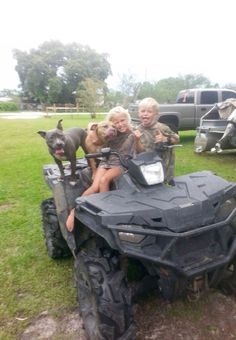 three children and two dogs are riding on an atv in the grass with other vehicles behind them