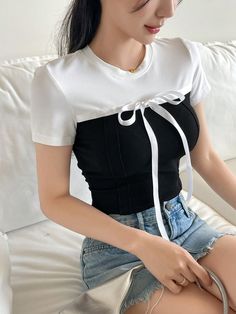 Women's Color Block Bowknot Slim Fit Short Sleeve T-Shirt Black and White Casual  Short Sleeve Knitted Fabric Colorblock,Plain  Slight Stretch Summer Women Clothing, size features are:Bust: ,Length: ,Sleeve Length: Crop Top And Shorts, Slim Fit Shorts, Kids Beachwear, White Casual, Woman Colour, Shirt Online, All Fashion, Summer Women, Women Clothing