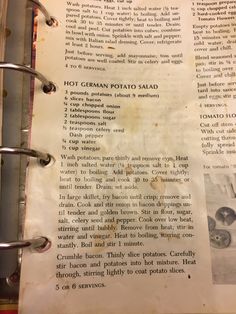 an old recipe book is open to show information about how to make hot german potato salad