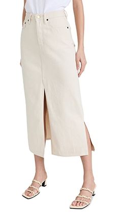 Still Here Panama Jean Skirt in Bone | SHOPBOP Spring Cotton Bottoms With Side Slits, Spring Denim Bottoms With Side Slits, High Rise Bottoms With Side Slits For Spring, Spring Workwear Bottoms With Split Hem, Spring Bottoms With Pockets And Split Hem, Ecru Denim, Denim Maxi, Denim Maxi Skirt, Phase Eight