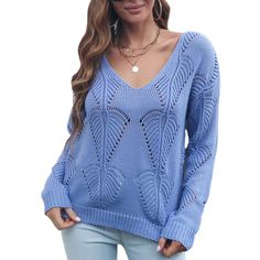 Blue V Neck Hollow-out Knit Sweater Blue Open Knit V-neck Sweater, Blue Pointelle Knit Top For Fall, Blue Pointelle Knit V-neck Top, Blue Open Knit Top For Fall, Sweater For Women, Cute Sweatshirts, Blue V, Knit Pullover, Knitted Pullover Sweaters