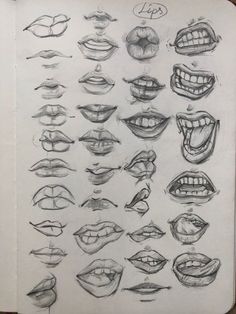 an open book with many different mouths and mouth shapes on the pages, all drawn in pencil