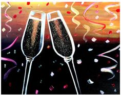 two champagne flutes with streamers and confetti in front of an abstract background